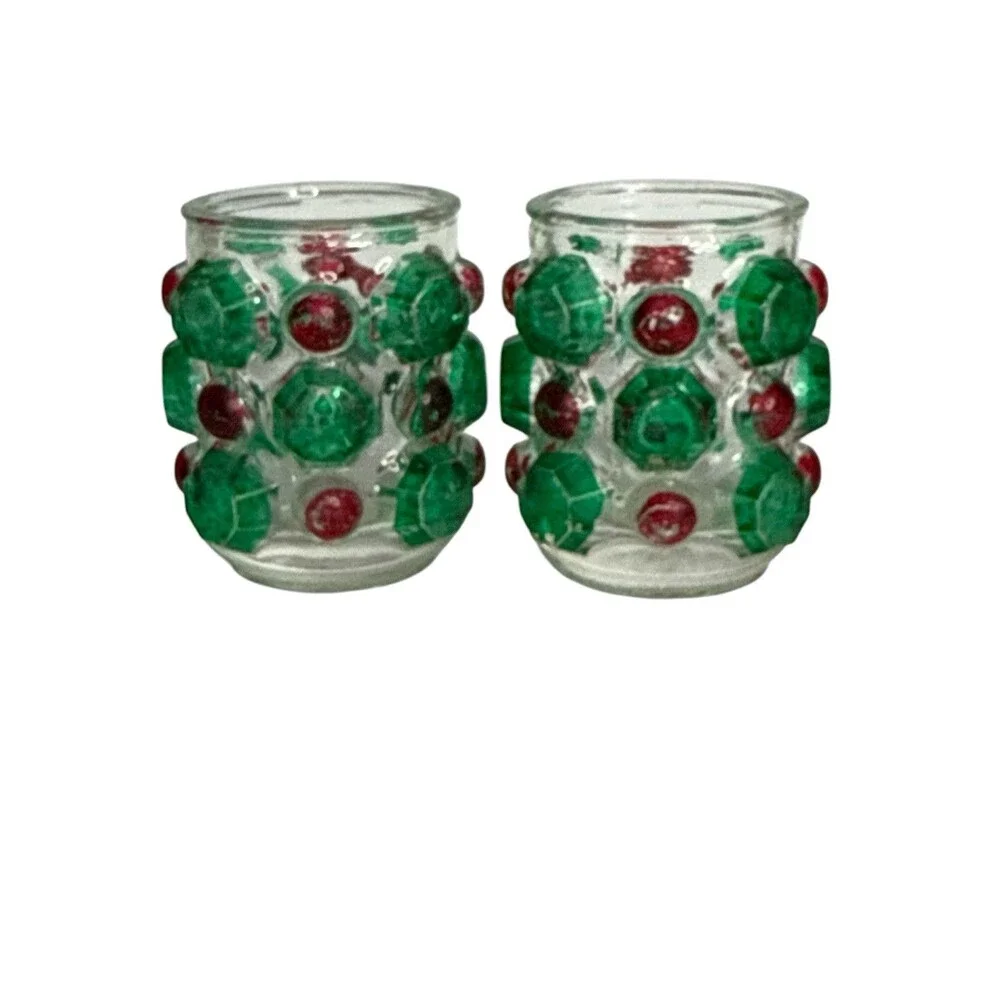 Vintage Japan Christmas Jewel Glass Votive Candle Holders Set 2 Country Store
